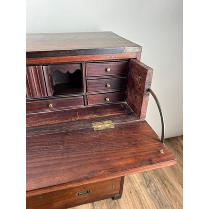 Antique English Teak Campaign Secretary with Brass Inlay and Banding Campaign Secretary c. Mid 19th Century
