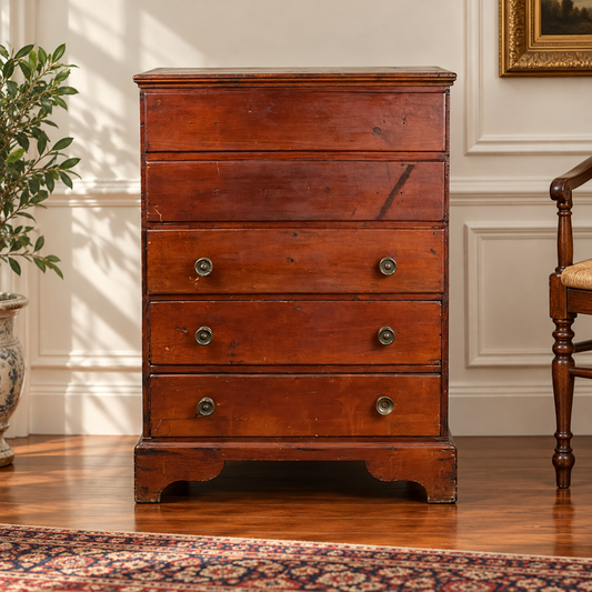 Antique New England Chippendale Pine Three Drawer Blanket Chest c. Late 18th Century pine chest of drawers with four drawers and brass hardware.
