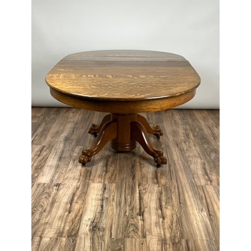 Vintage Tiger Oak Paw Foot Dining Table with Three Leaves c. 1940