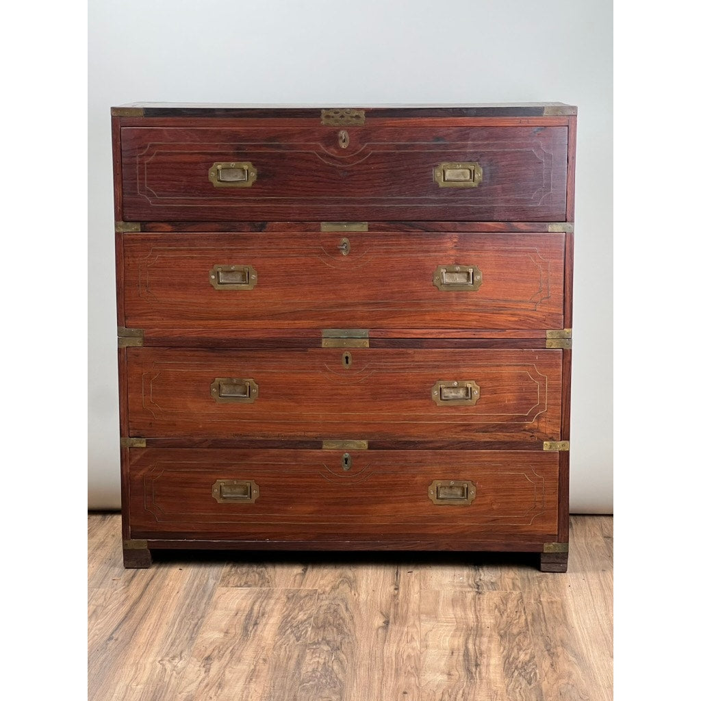 Antique English Teak Campaign Secretary with Brass Inlay and Banding Campaign Secretary c. Mid 19th Century