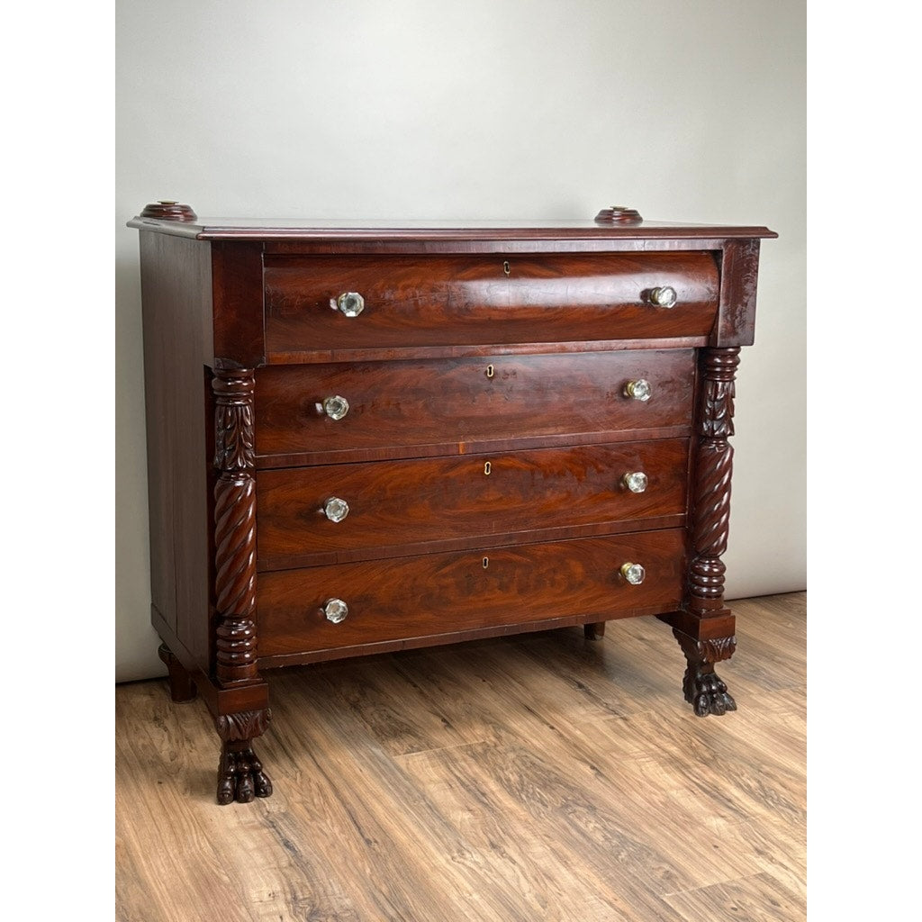 Antique Late Federal Period Flame Mahogany Paw Foot Four Drawer Chest c. 1840