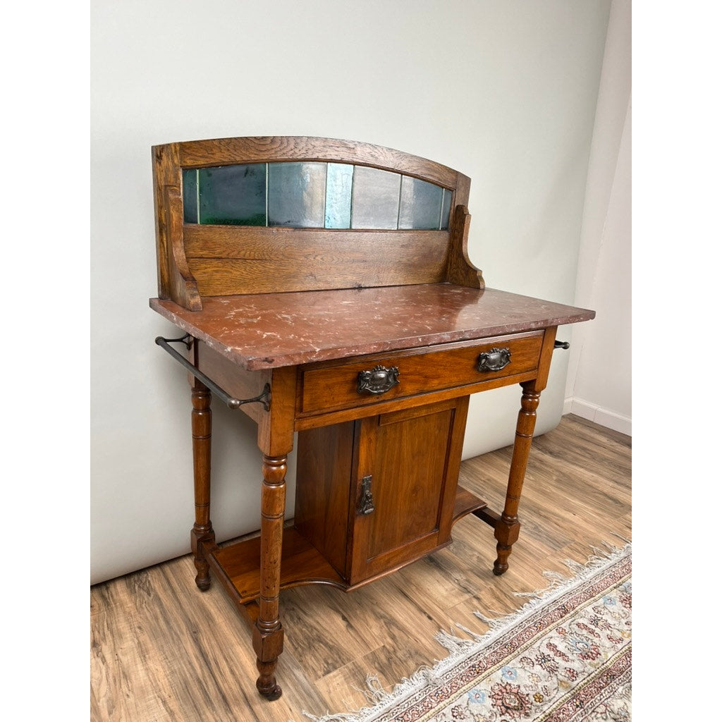 Antique Edwardian Marble Top Wash Stand with Tile Back Splash c. 1917