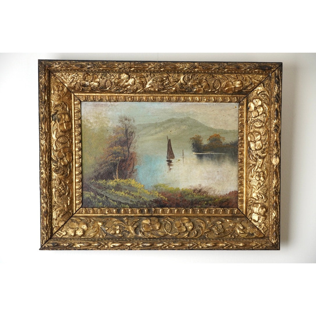 Antique Victorian Oil on Board Painting of Lake Scene with a Sailboat Unsigned c. Late 19th Century