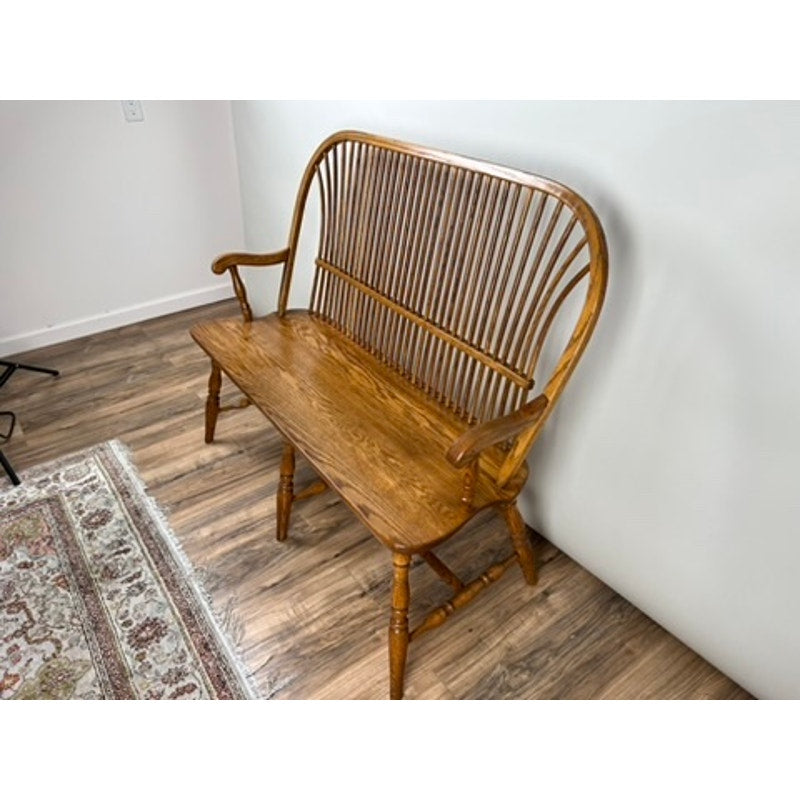 Vintage Amish oak Windsor bench with tall spindle back