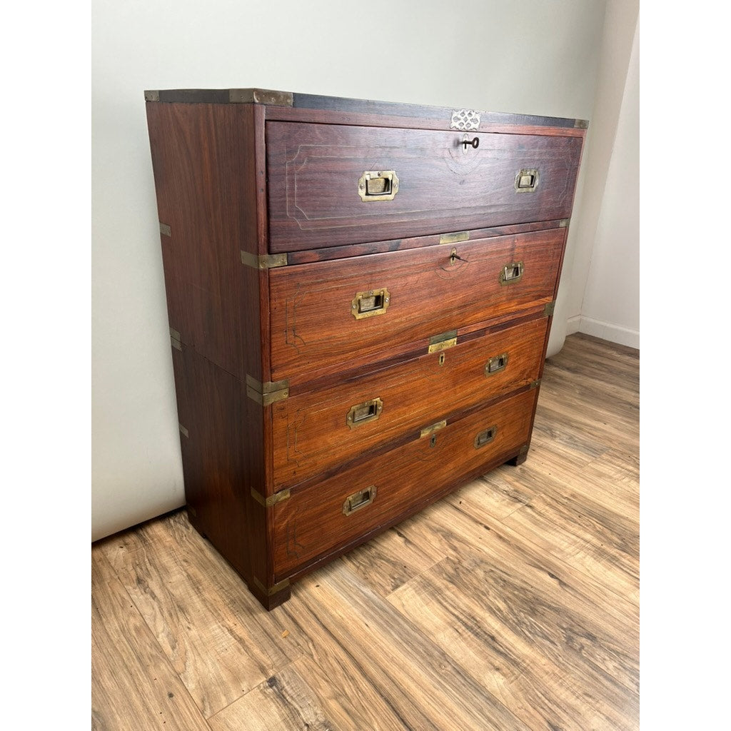 Antique English Teak Campaign Secretary with Brass Inlay and Banding Campaign Secretary c. Mid 19th Century