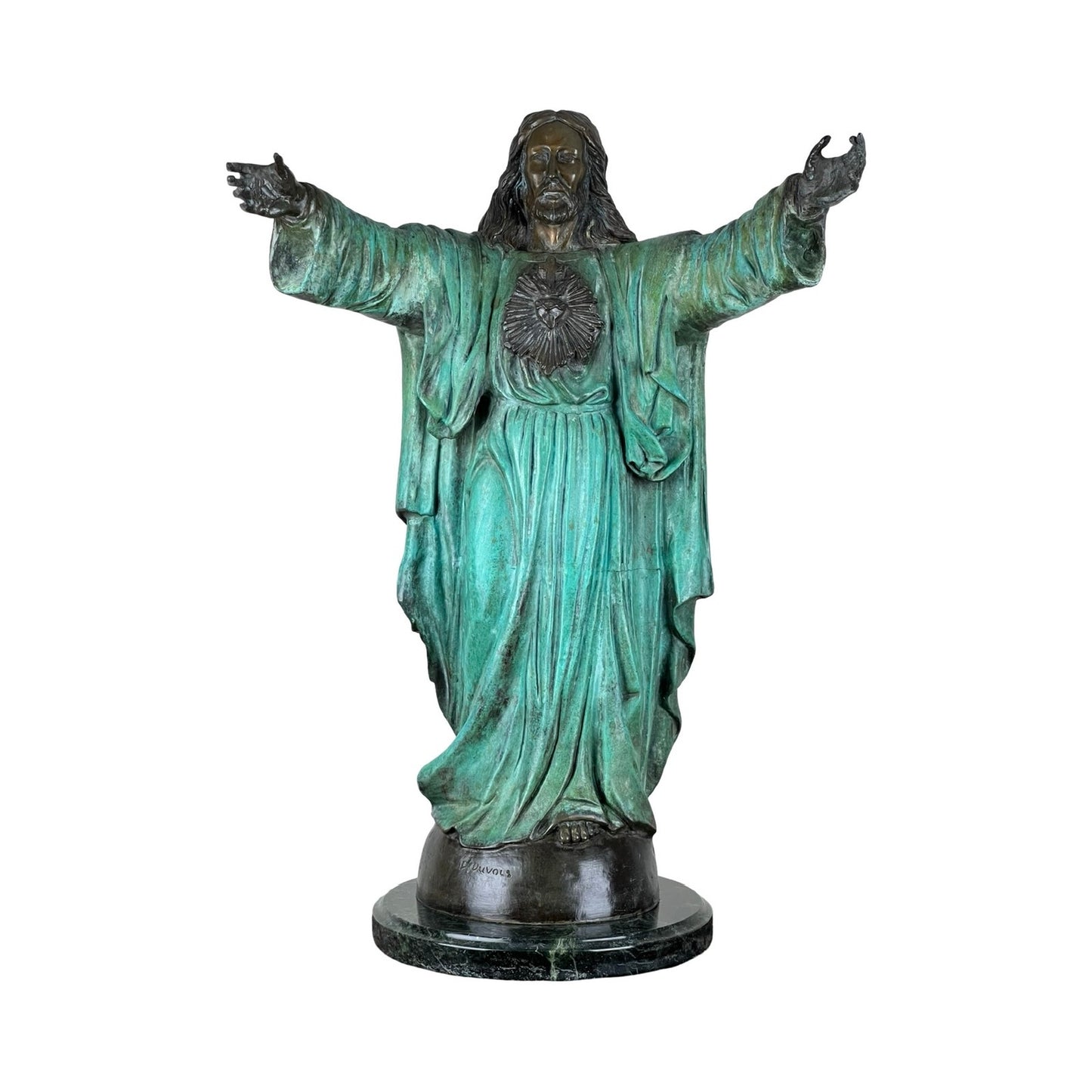 Vintage Patinated Bronze Sculpture “Sacred Heart” signed P. Duvois 27"h