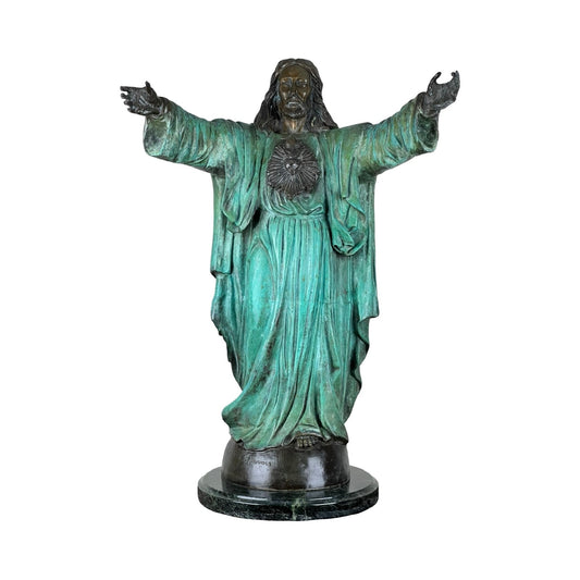 Vintage Patinated Bronze Sculpture “Sacred Heart” signed P. Duvois 27"h