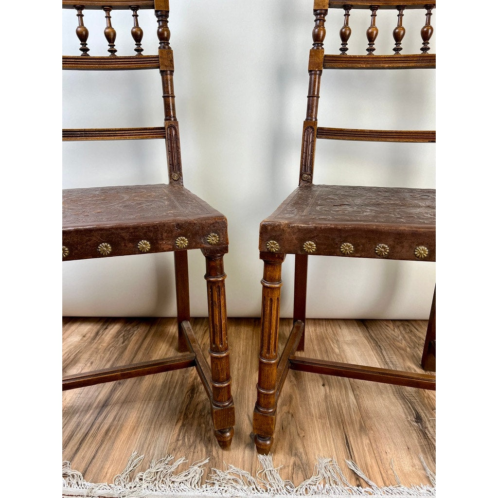 Antique Pair Neo-Baroque Italian Leather Seat Side Chairs c. Early 20th Century