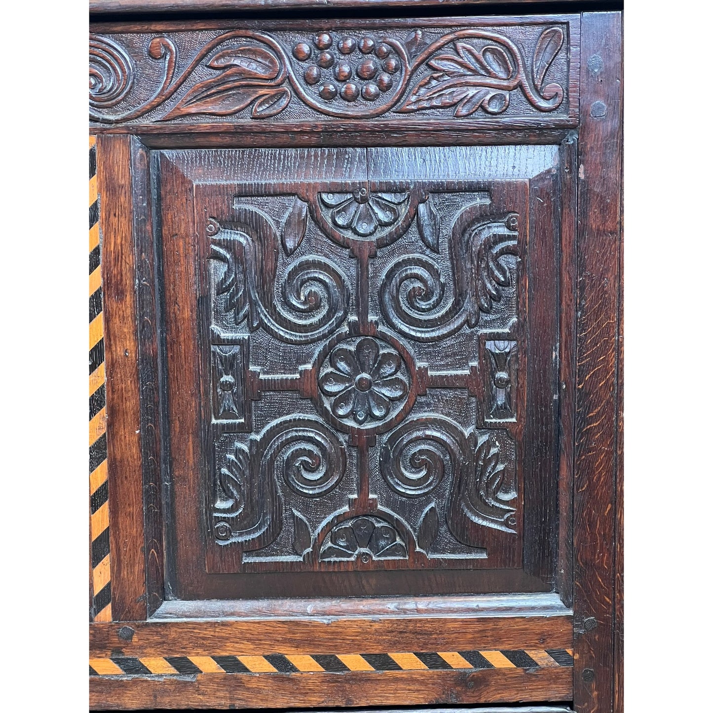 Antique English Oak Mule Chest with Barber Pole Inlay c. 1677