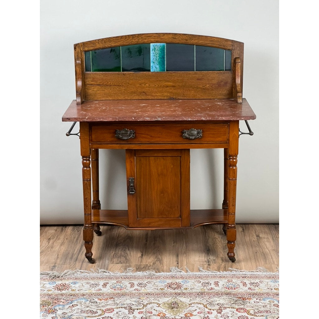 Antique Edwardian Marble Top Wash Stand with Tile Back Splash c. 1917