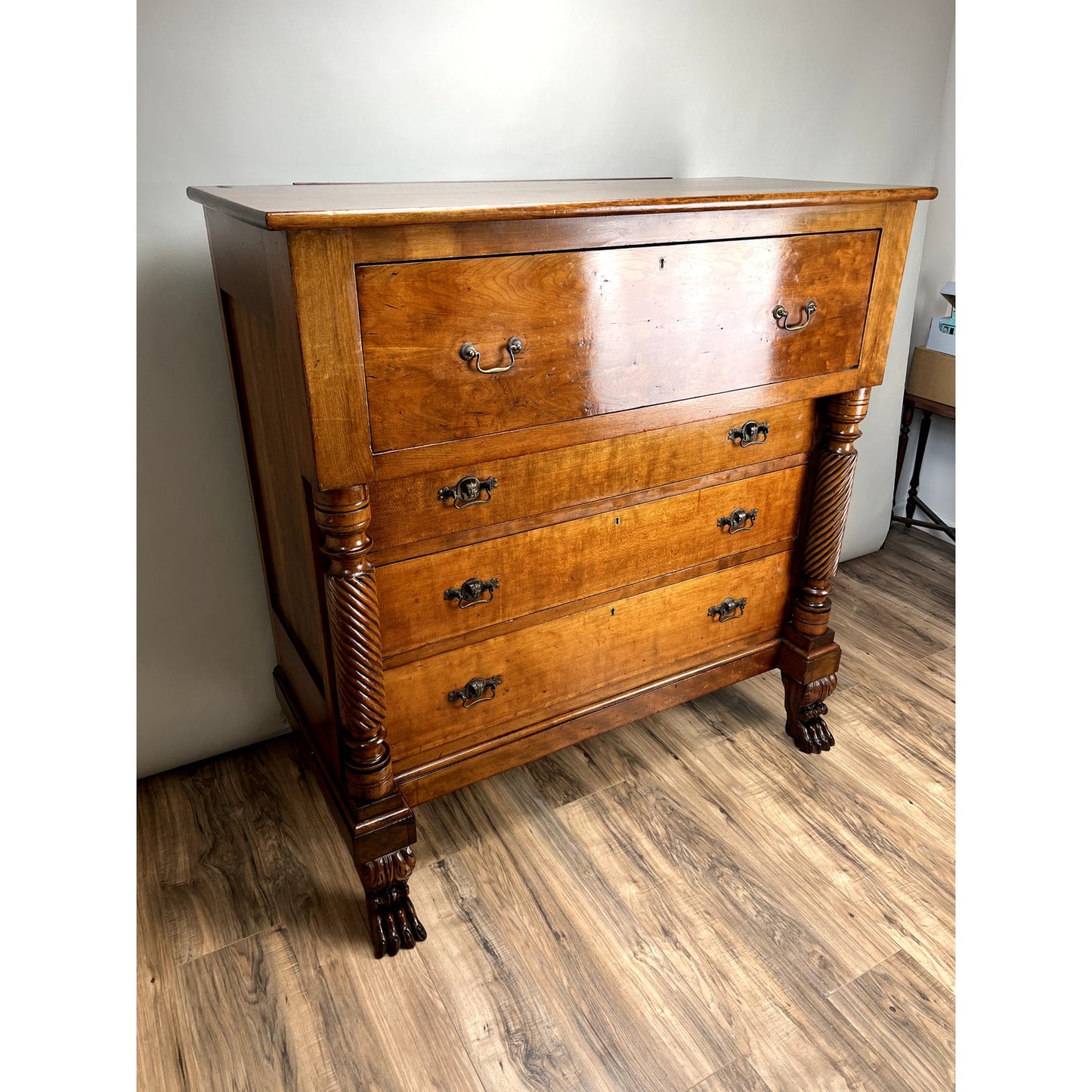 Antique Cherry Late Federal Paw Foot Four Drawer Chest c. 1840