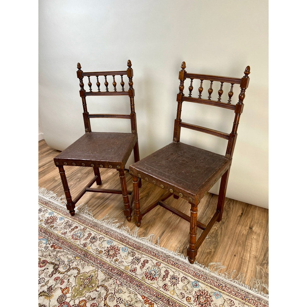 Antique Pair Neo-Baroque Italian Leather Seat Side Chairs c. Early 20th Century