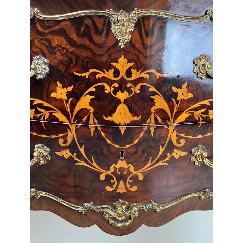 Vintage Louis XV Style Ormolu Mounted Rosewood and Pink Marble Commode