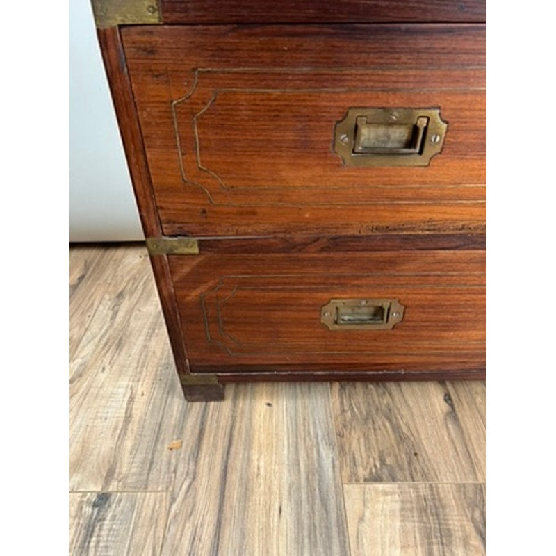 Antique English Teak Campaign Secretary with Brass Inlay and Banding Campaign Secretary c. Mid 19th Century