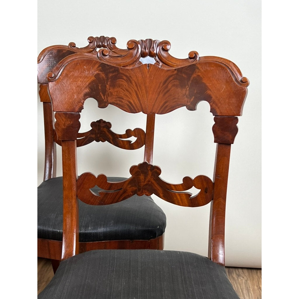 Antique Suite of Four Empire Flame Mahogany Saber Leg Chairs c. 1840 Signed by the Maker