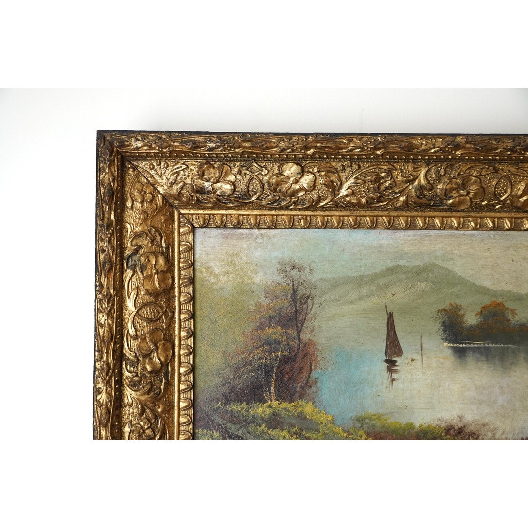Antique Victorian Oil on Board Painting of Lake Scene with a Sailboat Unsigned c. Late 19th Century