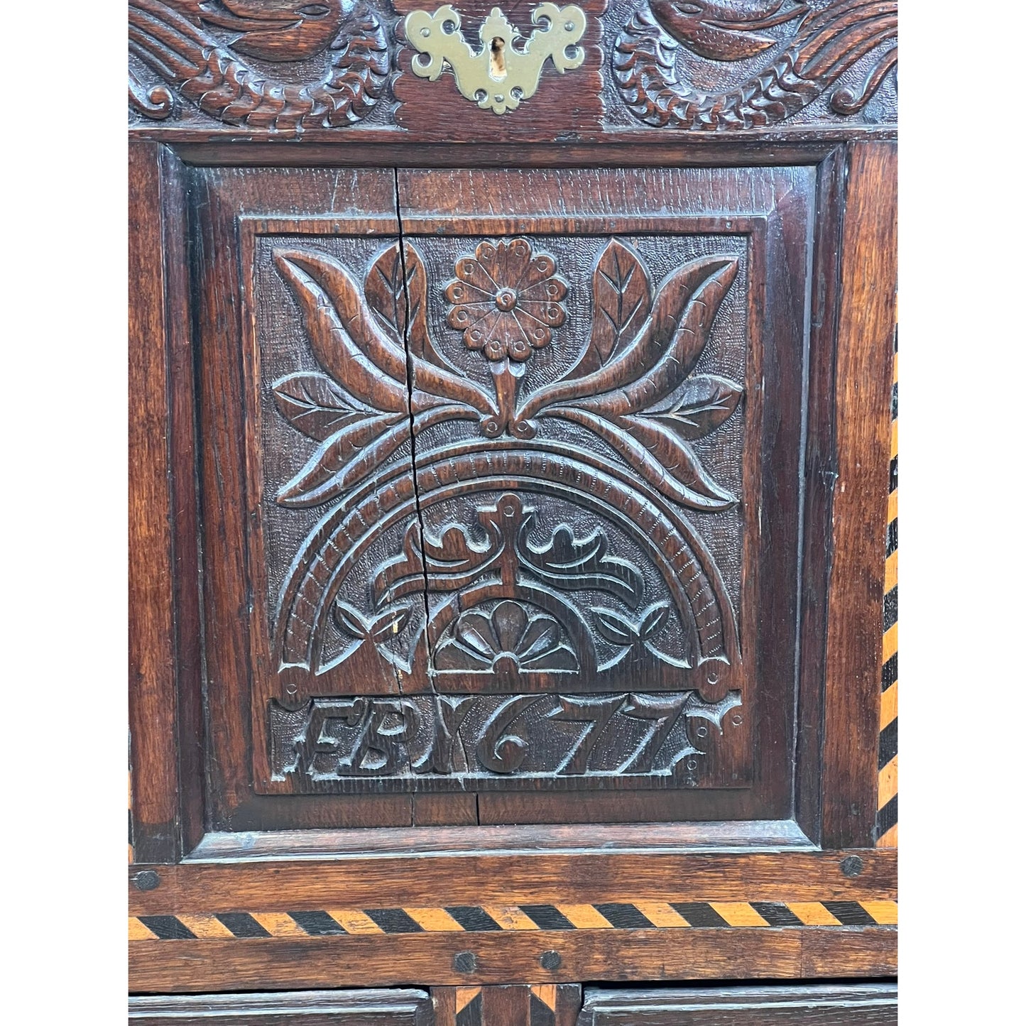 Antique English Oak Mule Chest with Barber Pole Inlay c. 1677