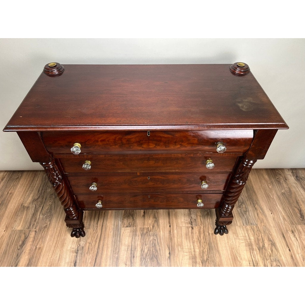 Antique Late Federal Period Flame Mahogany Paw Foot Four Drawer Chest c. 1840