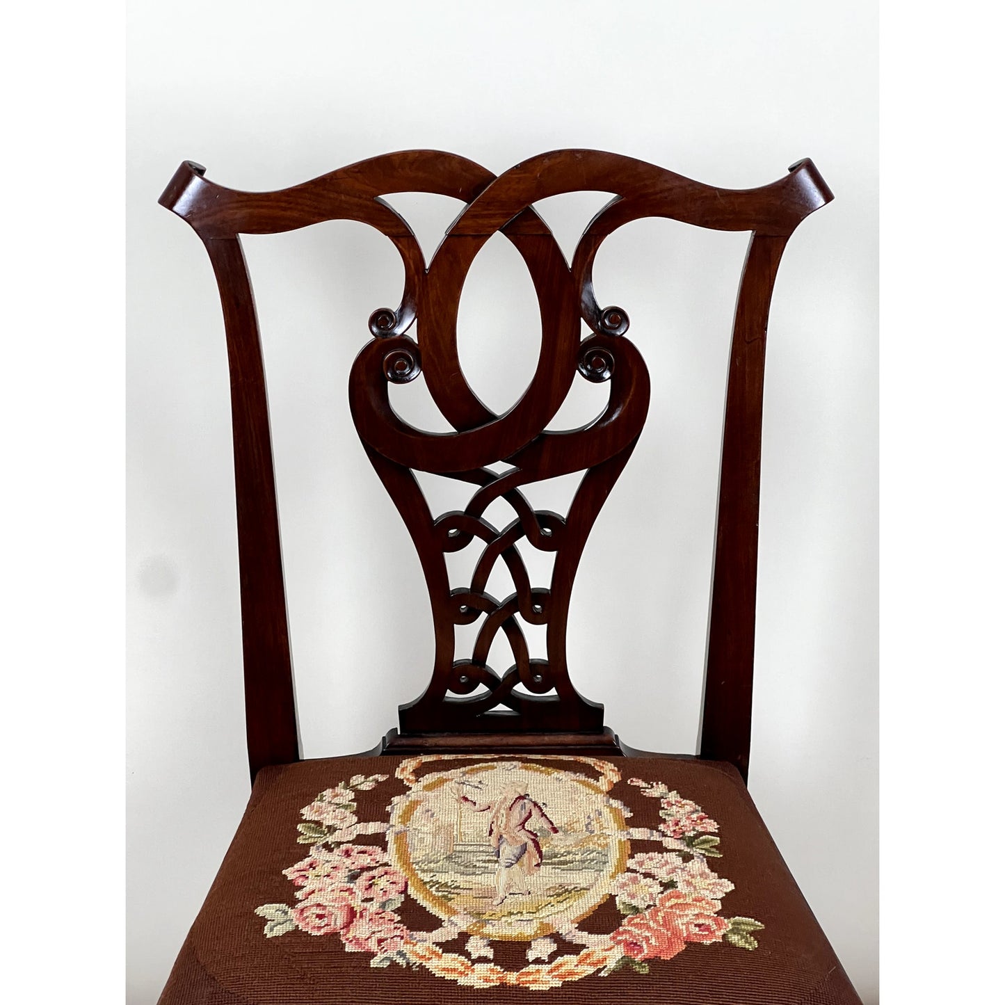 Antique Chippendale Mahogany Tapestry Seat Side Chair c. Mid 19th Century