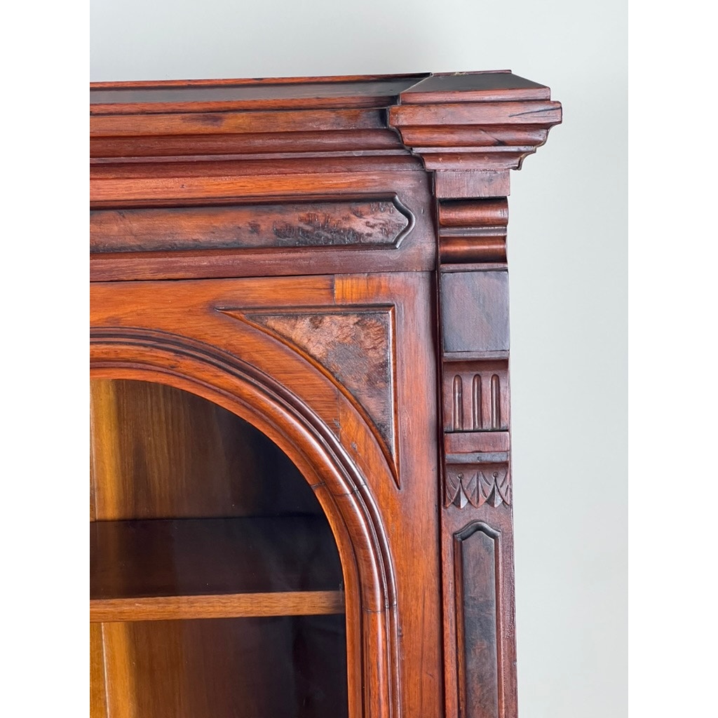 Antique Victorian Walnut and Burl Glass Door Bookcase c. 1900
