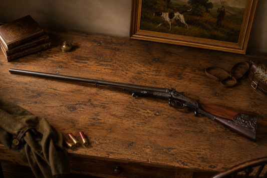 An Antique Christoph Funke Suhl German Damascus Double Barrel Hammer Shotgun, c. 1880—with a beautifully carved stock—rests atop a wooden desk, flanked by vintage shotgun shells. The scene is completed by old books, leather accessories, and a framed painting of a hunting dog in the background, capturing the timeless craftsmanship offered by Pearl City Antiques.