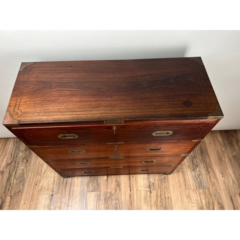 Antique English Teak Campaign Secretary with Brass Inlay and Banding Campaign Secretary c. Mid 19th Century