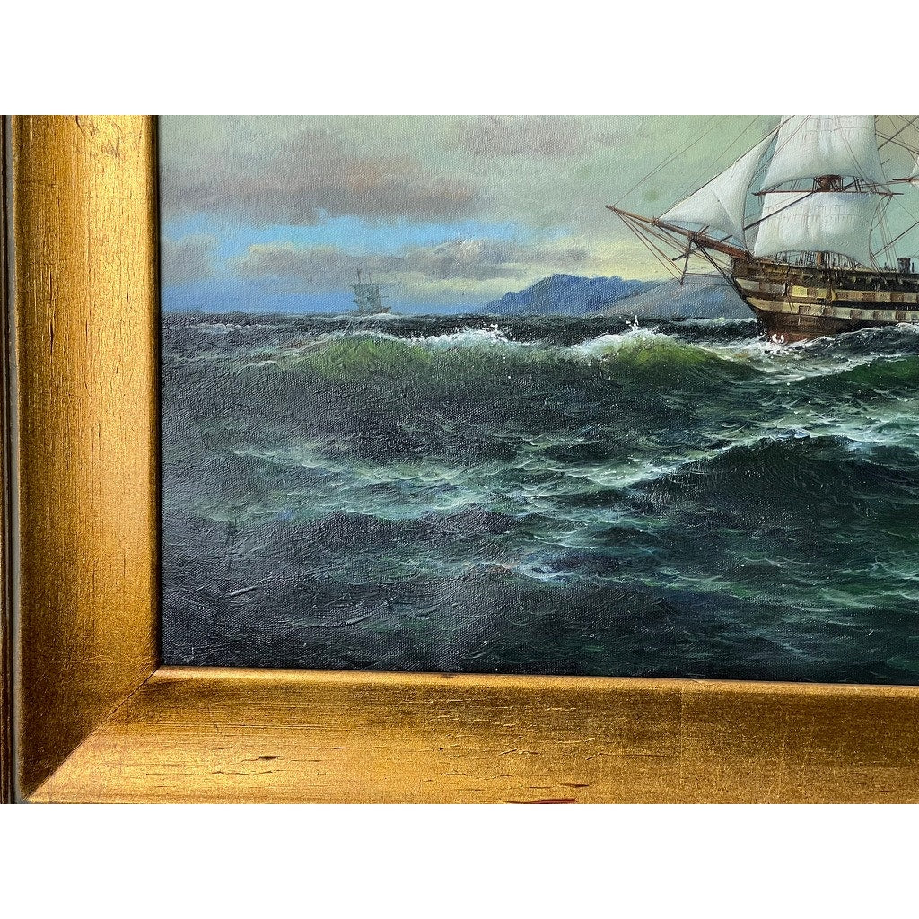 Oil on Canvas Painting of French Man-o-War in Gilt Frame, Unsigned
