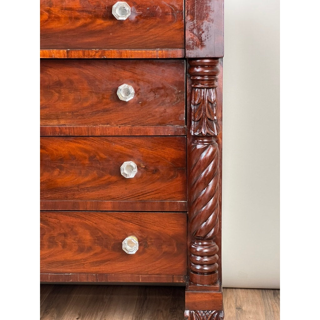 Antique Late Federal Period Flame Mahogany Paw Foot Four Drawer Chest c. 1840