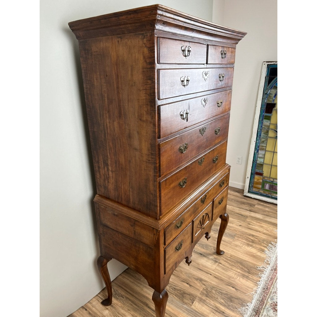 Antique 18th Century New England Maple Queen Anne Cornice Top Highboy with Slipper Feet