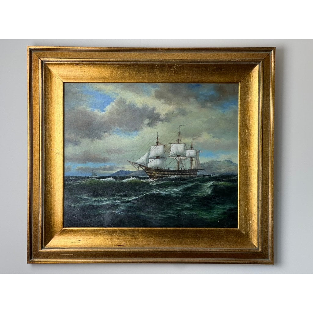 Oil on Canvas Painting of French Man-o-War in Gilt Frame, Unsigned