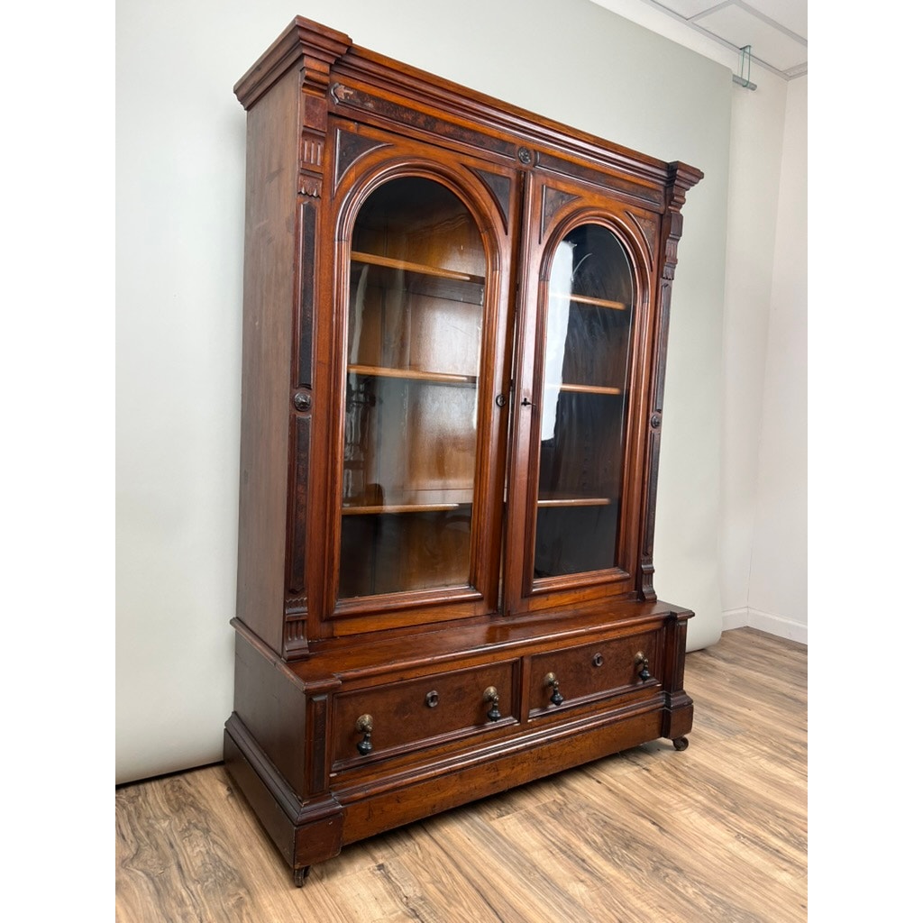 Antique Victorian Walnut and Burl Glass Door Bookcase c. 1900