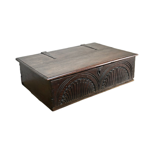 Antique Charles II Oak Bible Box with Carved Facade c. 1660-1685