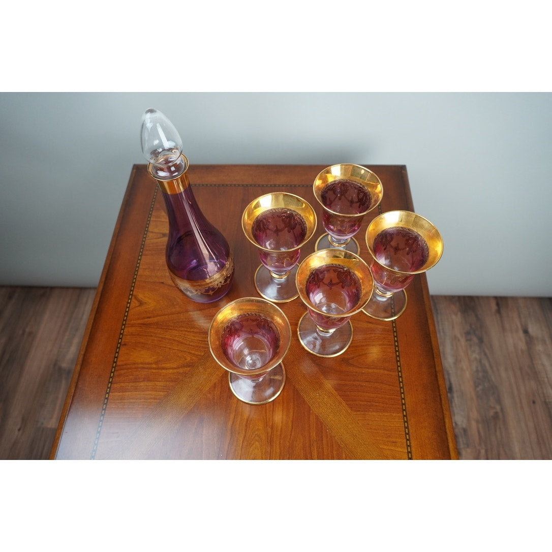 Vintage Six Piece Italian Amethyst Glass Decanter Set with 22k Gold Accents c. 1960