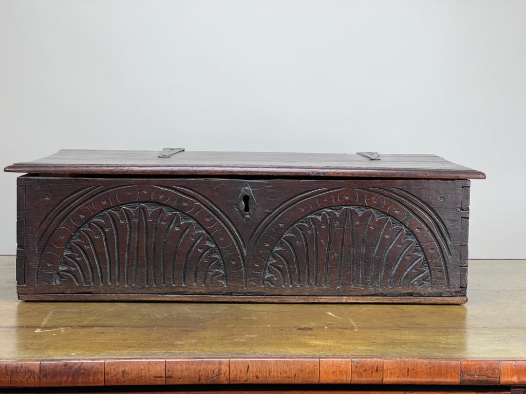 Antique Charles II Oak Bible Box with Carved Facade c. 1660-1685