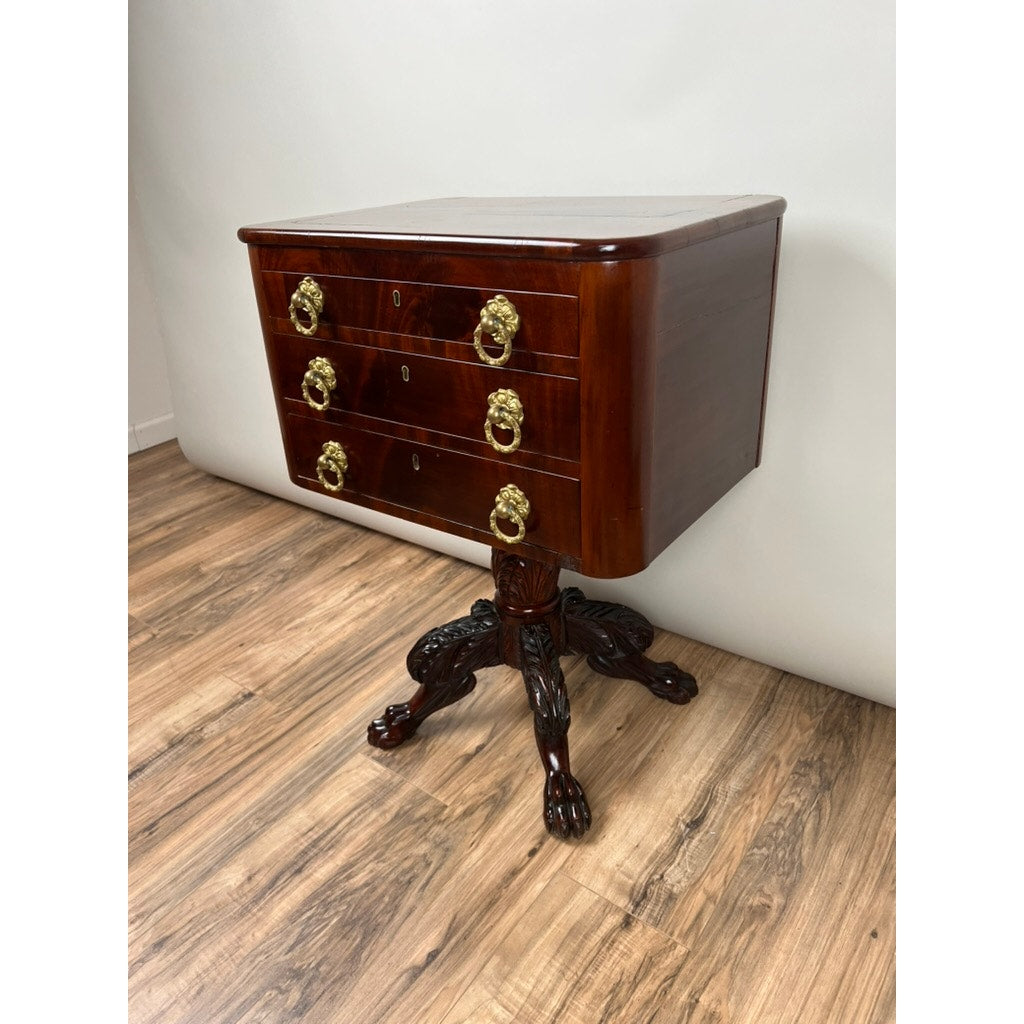 Antique Federal Period Mahogany Three Drawer Stand with Embossed Brass Pulls c. 1820