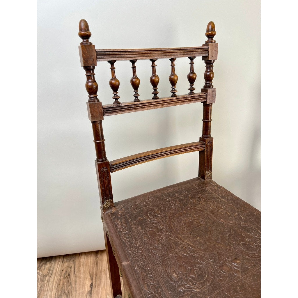 Antique Pair Neo-Baroque Italian Leather Seat Side Chairs c. Early 20th Century