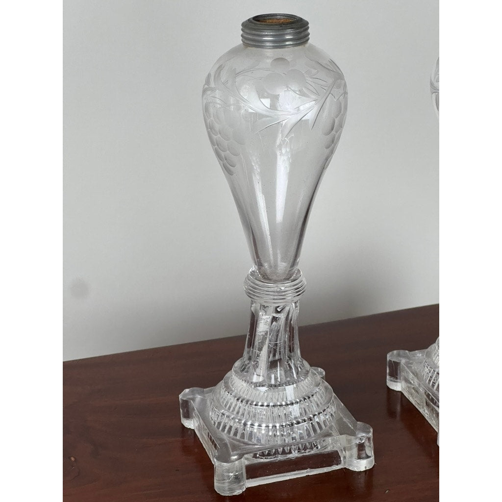 Pair Antique Sandwich Glass Whale Oil Lamps c. 1820