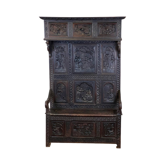 Antique French Neo-Gothic Black Walnut Monk's Bench c. Mid-19th Century