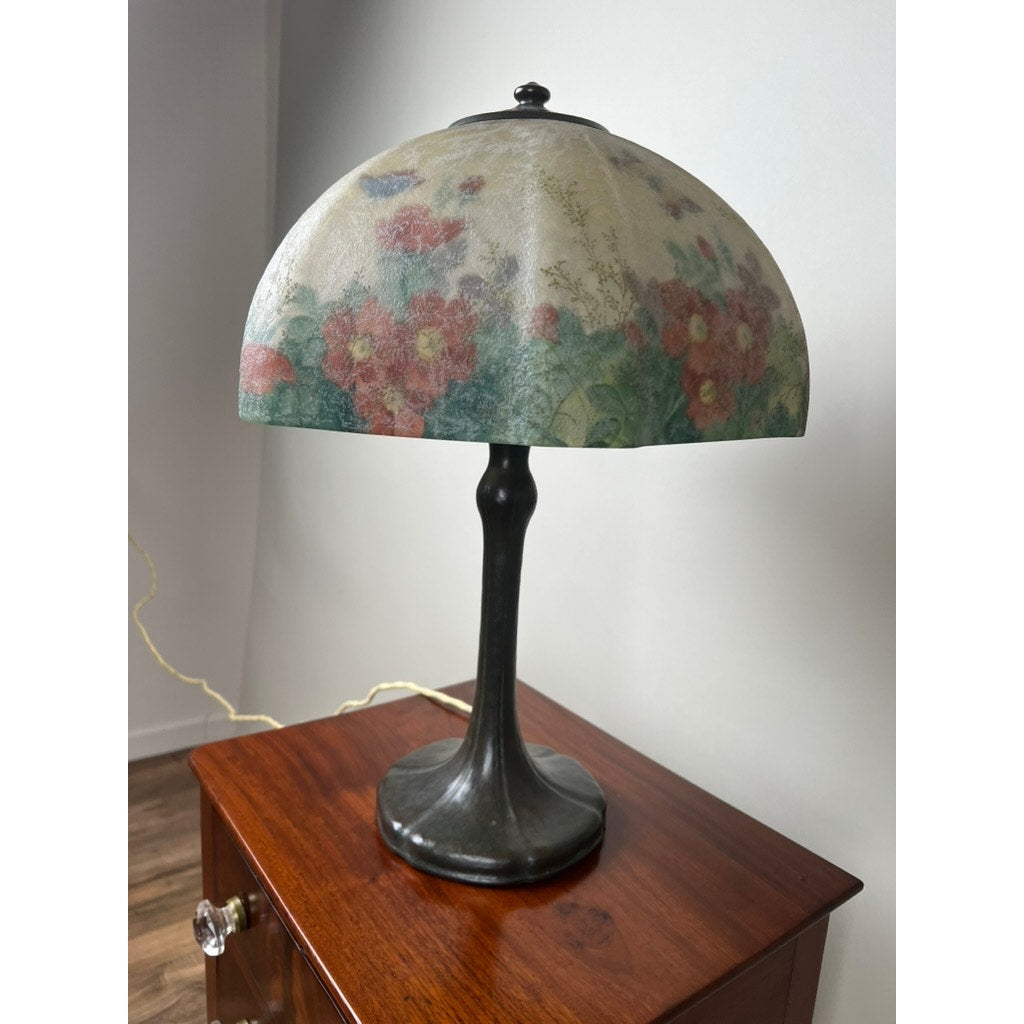 Antique Handel Reverse Painted Table Lamp with Flowers and Butterflies c. Early 20th Century