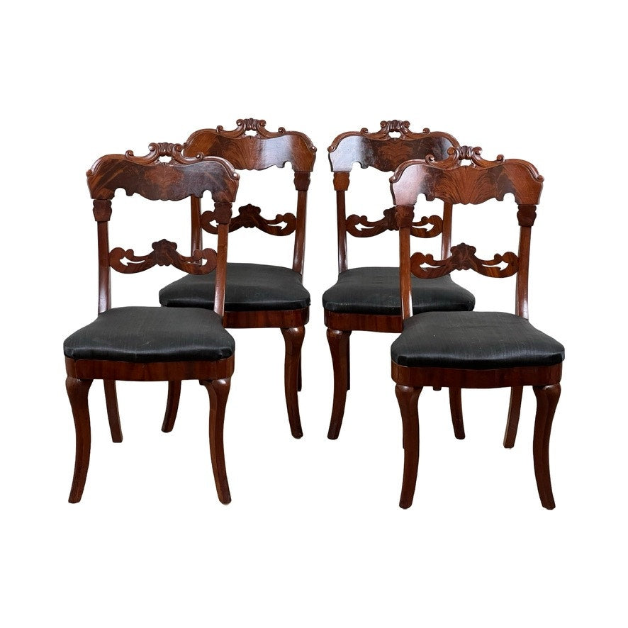 Antique Suite of Four Empire Flame Mahogany Saber Leg Chairs c. 1840 Signed by the Maker