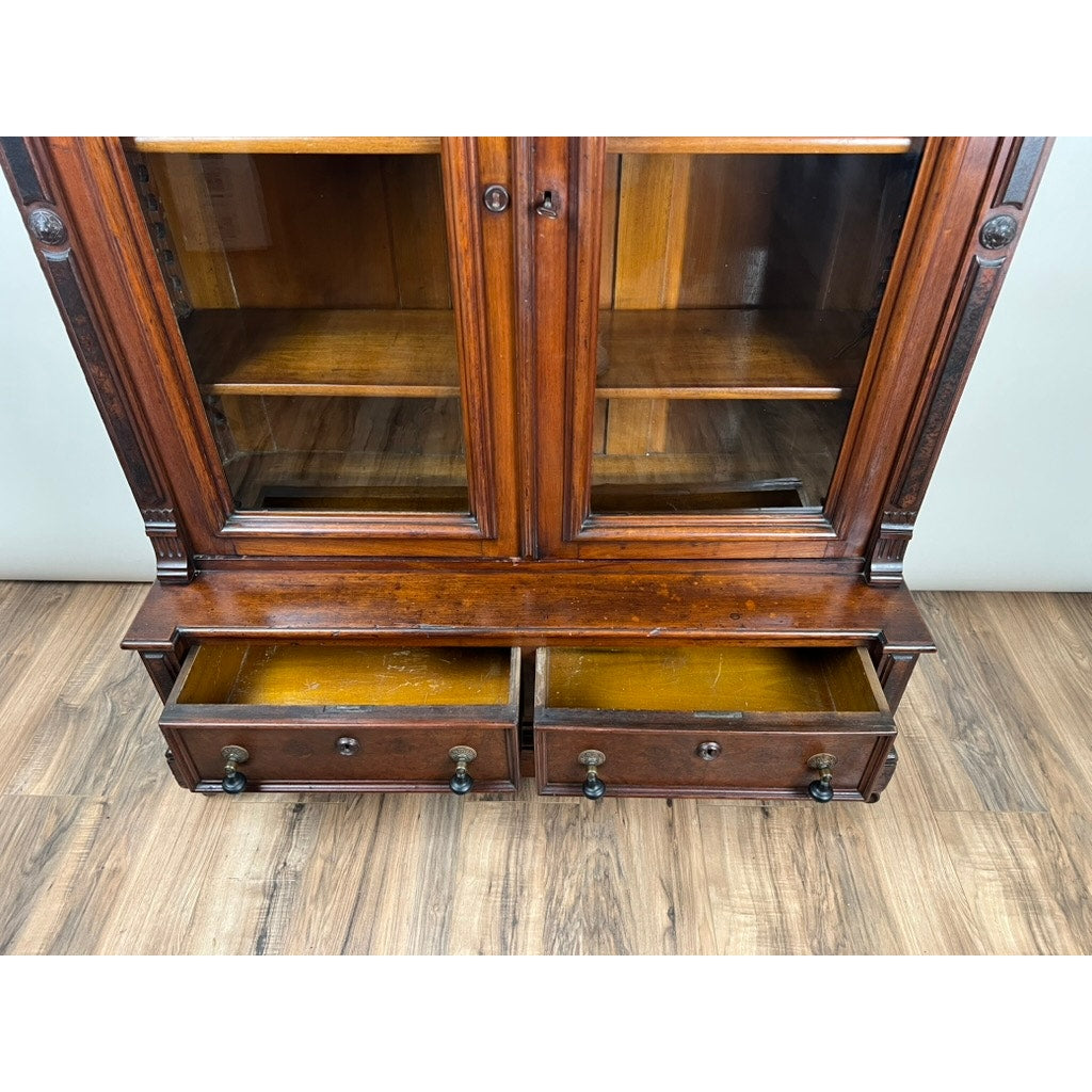 Antique Victorian Walnut and Burl Glass Door Bookcase c. 1900