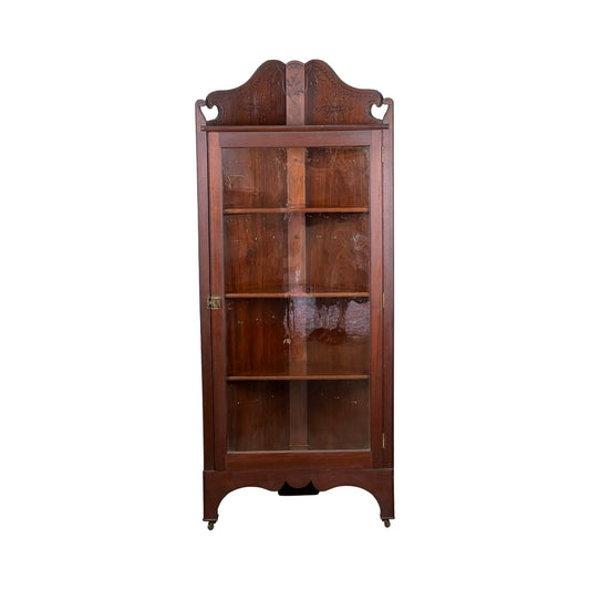 Antique Arts and Crafts Walnut Glass Door Corner Cabinet c. 1910