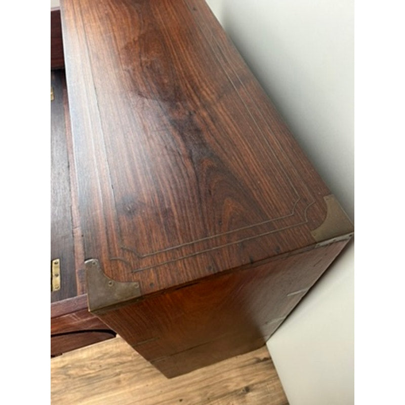Antique English Teak Campaign Secretary with Brass Inlay and Banding Campaign Secretary c. Mid 19th Century