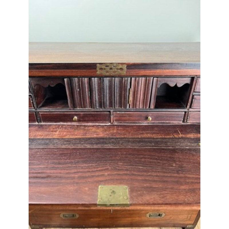 Antique English Teak Campaign Secretary with Brass Inlay and Banding Campaign Secretary c. Mid 19th Century