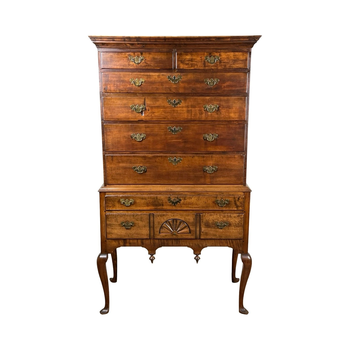 Antique 18th Century New England Maple Queen Anne Cornice Top Highboy with Slipper Feet