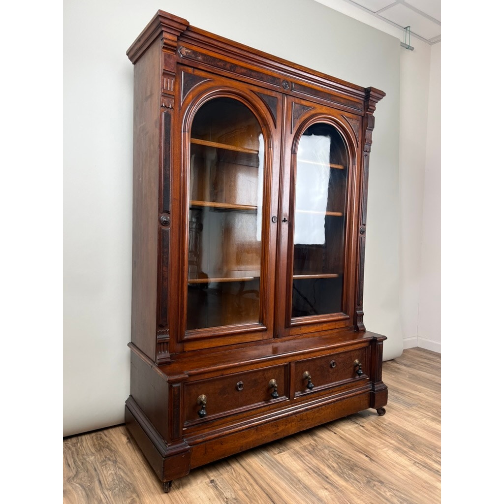 Antique Victorian Walnut and Burl Glass Door Bookcase c. 1900