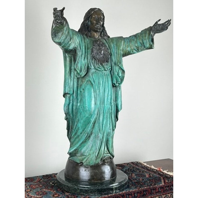 Vintage Patinated Bronze Sculpture “Sacred Heart” signed P. Duvois 27"h