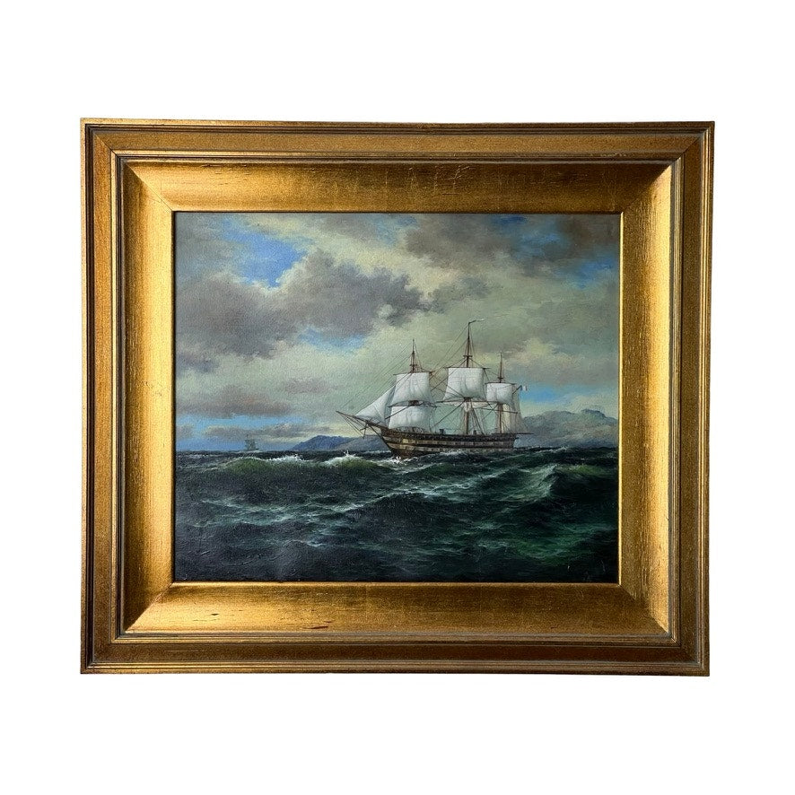 Oil on Canvas Painting of French Man-o-War in Gilt Frame, Unsigned