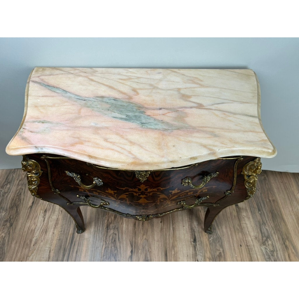 Vintage Louis XV Style Ormolu Mounted Rosewood and Pink Marble Commode