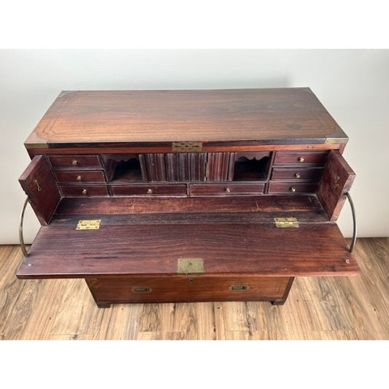 Antique English Teak Campaign Secretary with Brass Inlay and Banding Campaign Secretary c. Mid 19th Century